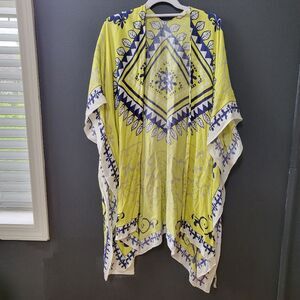 Soft Surroundings Neon Yellow Blue Open Front Boho Kimono Cabo Caftan